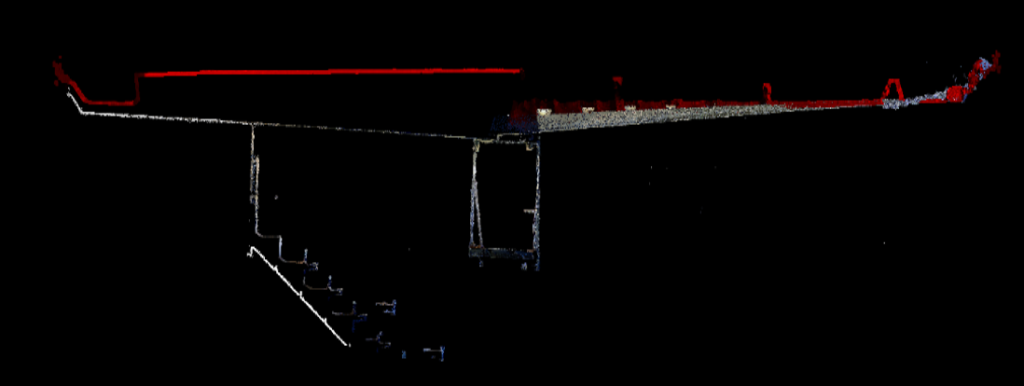  fig. 9. Sezione Longitudinale #2. Nuvola LiDAR vs nuvola fotogrammetrica (rosso)